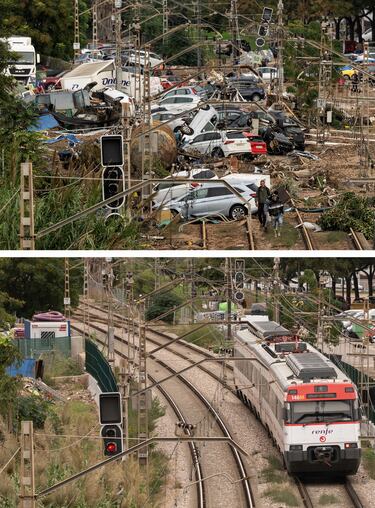 Imagen superior: Automóviles y otros vehículos están esparcidos sobre las vías del tren después de ser arrastrados por las inundaciones en el cercano municipio de Alfafar. Imagen inferior: La misma zona en la actualidad. 