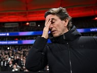 (FILES) Tottenham Hotspur's Danish head coach Thomas Frank is pictured during the UEFA Champions League league phase- day 8 football match between Eintracht Frankfurt and Tottenham Hotspur in Frankfurt, western Germany, on January 28, 2026. Tottenham Hotspur have sacked coach Thomas Frank, the club announced on February 11, 2026. (Photo by Kirill KUDRYAVTSEV / AFP)