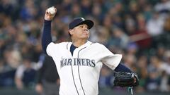 Apr 19, 2017; Seattle, WA, USA; Seattle Mariners starting pitcher Felix Hernandez (34) throws against the Miami Marlins during the first inning at Safeco Field. Mandatory Credit: Joe Nicholson-USA TODAY Sports