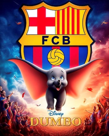 El famoso elefante volador realiza un planeo mientras le aclama la hinchada barcelonista.