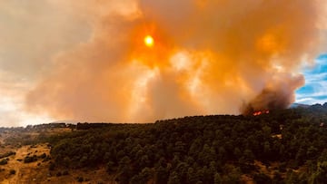 Imagen de las llamas producidas por el incendio forestal que arrasa desde este mediod&iacute;a el monte de la localidad madrile&ntilde;a de Robledo de Chavela, vistas desde la poblaci&oacute;n cercana de Zarzalejo.