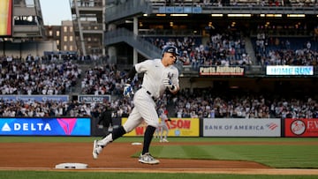 Apr 19, 2023; Bronx, New York, USA; New York Yankees center fielder Aaron Judge (99) rounds the bases after hitting a two run home run against the Los Angeles Angels during the first inning at Yankee Stadium. Mandatory Credit: Brad Penner-USA TODAY Sports
