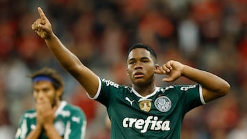 Soccer Football - Brasileiro Championship - Athletico Paranaense v Palmeiras - Arena da Baixada, Curitiba, Brazil - October 25, 2022 Palmeiras' Endrick celebrates scoring their second goal REUTERS/Rodolfo Buhrer