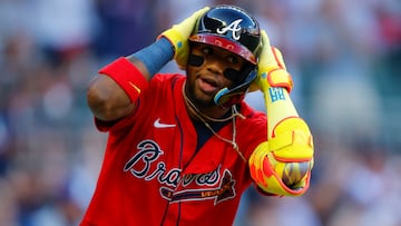 ATLANTA, GEORGIA - MAY 23: Ronald Acuna Jr. #13 of the Atlanta Braves reacts after hitting a lead off home run during the first inning against the San Diego Padres at Truist Park on May 23, 2025 in Atlanta, Georgia. Todd Kirkland/Getty Images/AFP (Photo by Todd Kirkland / GETTY IMAGES NORTH AMERICA / Getty Images via AFP)