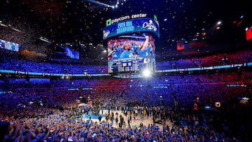 Jun 22, 2025; Oklahoma City, Oklahoma, USA; The Oklahoma City Thunder celebrate after winning game seven of the 2025 NBA Finals against the Indiana Pacers at Paycom Center. Mandatory Credit: Alonzo Adams-Imagn Images