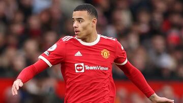 MANCHESTER, ENGLAND - JANUARY 22: Mason Greenwood of Manchester United in action during the Premier League match between Manchester United and West Ham United at Old Trafford on January 22, 2022 in Manchester, England. (Photo by Naomi Baker/Getty Images)