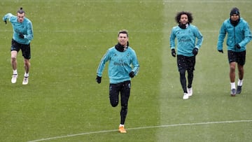 Bale, Cristiano, Marcelo y Casemiro, durante el entrenamiento del Madrid de este sábado.