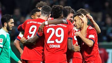 Soccer Football - Bundesliga - Werder Bremen v Bayern Munich - Weser-Stadion, Bremen, Germany - December 1, 2018 Bayern Munich's Serge Gnabry celebrates scoring their second goal with team mates REUTERS/Fabian Bimmer DFL regulations prohibit