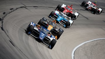 FORT WORTH, TEXAS - APRIL 02: Pato O'Ward, driver of the #5 Arrow McLaren Chevrolet, Alex Palou, driver of the #10 The American Legion Chip Ganassi Racing Honda, and Josef Newgarden, driver of the #2 PPG Team Penske Chevrolet,  race during the NTT IndyCar Series PPG 375 at Texas Motor Speedway on April 02, 2023 in Fort Worth, Texas. (Photo by Sean Gardner/Getty Images)