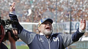 Argentina's Gimnasia y Esgrima La Plata coach, former football star Diego Armando Maradona gestures during their Argentina First Division Superliga football match against Estudiantes, at El Bosque stadium, in La Plata city, Buenos Aires province, Arg