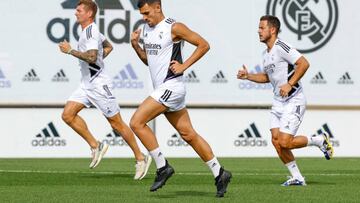 MADRID, SPAIN - SEPTEMBER 12: Dani Ceballos player of Real Madrid during training with teammates Toni Kroos and Eden Hazard at Valdebebas training ground on September 12, 2022 in Madrid, Spain. (Photo by Helios de la Rubia/Real Madrid via Getty Images)