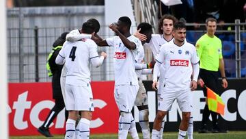 Bamba DIENG of Olympique Marseille celebrates his scoring with teammates during the French Cup match between Hyeres and Marseille on January 7, 2023 in Hyeres, France. (Photo by Alexandre Dimou/Icon Sport via Getty Images)