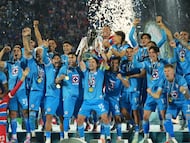 Jun 1, 2025; Mexico City, MEX; Cruz Azul celebrate the win against the Vancouver Whitecaps FC during the final of the Concacaf Champions Cup at Estadio Olímpico Universitario. Mandatory Credit: Kirby Lee-Imagn Images