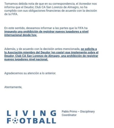 FIFA confirmó la inhibición a San Lorenzo por la deuda a Palestino