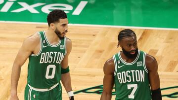 BOSTON, MASSACHUSETTS - MAY 29: Jayson Tatum #0 of the Boston Celtics stands next to Jaylen Brown #7 during the third quarter against the Miami Heat in game seven of the Eastern Conference Finals at TD Garden on May 29, 2023 in Boston, Massachusetts. NOTE TO USER: User expressly acknowledges and agrees that, by downloading and or using this photograph, User is consenting to the terms and conditions of the Getty Images License Agreement. Adam Glanzman/Getty Images/AFP (Photo by Adam Glanzman / GETTY IMAGES NORTH AMERICA / Getty Images via AFP)