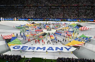 Espectáculo audiovisual en el evento que abre la competición europea en el Alliance Arena en Munich.