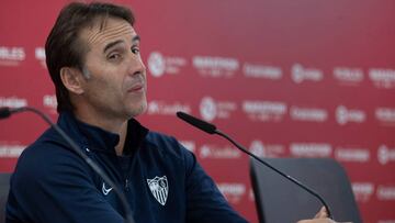 Julen Lopetegui, este s&aacute;bado en la rueda de prensa previa al derbi sevillano. 