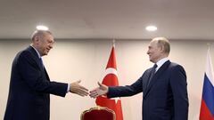 Turkish President Tayyip Erdogan meets with his Russian counterpart Vladimir Putin in Tehran, Iran July 19, 2022. Turkish Presidential Press Office/Handout via REUTERS ATTENTION EDITORS - THIS PICTURE WAS PROVIDED BY A THIRD PARTY. NO RESALES. NO ARCHIVES