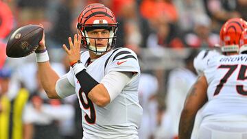 CLEVELAND, OHIO - SEPTEMBER 10: Joe Burrow #9 of the Cincinnati Bengals attempts a pass against the Cleveland Browns during the first half at Cleveland Browns Stadium on September 10, 2023 in Cleveland, Ohio.   Jason Miller/Getty Images/AFP (Photo by Jason Miller / GETTY IMAGES NORTH AMERICA / Getty Images via AFP)