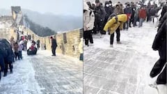 Bajas temperaturas convierten la muralla china en una resbaladilla gigante