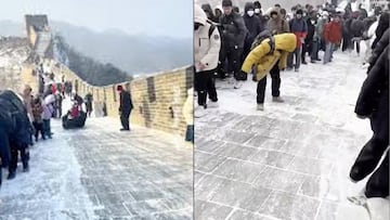 Bajas temperaturas convierten la muralla china en una resbaladilla gigante