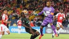 El arquero Robinson Zapata de Santa Fe disputa un bal&oacute;n con Didier Delgado de Cali en un partido de cuartos de final de la Copa Sudamericana entre Independiente Santa Fe y Deportivo Cali