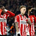 PSV Eindhoven's Belgian forward #11 Johan Bakayoko (L), PSV Eindhoven's Dutch forward #10 Noa Lang (C) and PSV Eindhoven's Dutch defender #06 Ryan Flamingo celebrates scoring their team's third goal during the UEFA Champions League knockout phase play-off 2nd leg football match between PSV Eindhoven and Juventus at the Philips Stadion in Eindhoven on February 19, 2025. (Photo by Sem van der Wal / ANP / AFP)