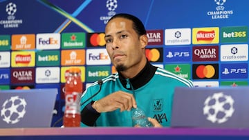 Liverpool's Dutch defender #04 Virgil van Dijk attends a press conference at the team's training ground in Kirkby, north of Liverpool in northwest England, on September 16, 2025, on the eve of their UEFA Champions League football match against Atletico Madrid. (Photo by Darren Staples / AFP)