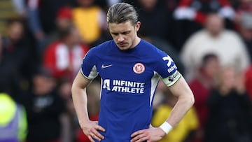 Chelsea's English midfielder #23 Conor Gallagher reacts after they concede a second goal during the English Premier League football match between Sheffield United and Chelsea at Bramall Lane in Sheffield, northern England on April 7, 2024. (Photo by Darren Staples / AFP) / RESTRICTED TO EDITORIAL USE. No use with unauthorized audio, video, data, fixture lists, club/league logos or 'live' services. Online in-match use limited to 120 images. An additional 40 images may be used in extra time. No video emulation. Social media in-match use limited to 120 images. An additional 40 images may be used in extra time. No use in betting publications, games or single club/league/player publications. / 