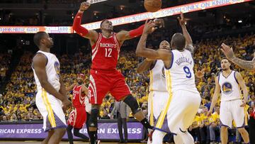 Apr 18, 2016; Oakland, CA, USA; Houston Rockets center Dwight Howard (12) loses control of the ball against the Golden State Warriors in the second quarter in game two of the first round of the NBA Playoffs at Oracle Arena. Mandatory Credit: Cary Edmondson-USA TODAY Sports