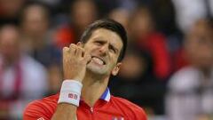 El tenista serbio Novak Djokovic celebra un punto ante el checo Radek Stepanek durante el partido correspondiente a la Copa Davis disputado en Belgrado, Serbia hoy 15 de noviembre de 2013.