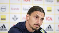 Stockholm (Sweden), 08/11/2021.- Swedish national soccer player Zlatan Ibrahimovic attends a press conference at Friends Arena in Stockholm, Sweden, 08 November 2021. Sweden will face Georgia in their FIFA World Cup qualifying soccer match on 11 November 