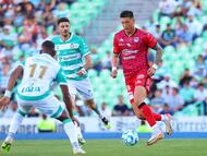 Lucas Di Yorio (L) of Santos fights for the ball with Lucas Merolla (R) of Mazatlan during the 6th round match between Santos and Mazatlan FC as part of the Liga BBVA MX, Torneo Clausura 2026 at TSM Corona Stadium, on February 15, 2026 in Torreon, Coahuila, Mexico.