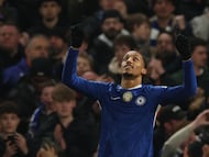 Chelsea's Brazilian striker #20 Joao Pedro celebrates after scoring the opening goal during the English Premier League football match between Chelsea and Leeds United at Stamford Bridge in London on February 10, 2026. (Photo by Adrian Dennis / AFP) / RESTRICTED TO EDITORIAL USE. No use with unauthorized audio, video, data, fixture lists, club/league logos or 'live' services. Online in-match use limited to 120 images. An additional 40 images may be used in extra time. No video emulation. Social media in-match use limited to 120 images. An additional 40 images may be used in extra time. No use in betting publications, games or single club/league/player publications. /