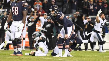 Jan 6, 2019; Chicago, IL, USA; Chicago Bears kicker Cody Parkey (1) reacts after missing a field goal against the Philadelphia Eagles in the fourth quarter of a NFC Wild Card playoff football game at Soldier Field. Mandatory Credit: Mike DiNovo-USA TODAY Sports