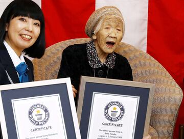 Aged 116-year-old, Kane Tanaka celebrates becoming world's oldest person living by the Guinness World Records in Fukuoka.