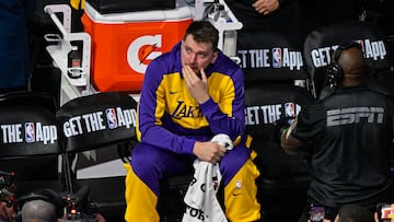 Apr 9, 2025; Dallas, Texas, USA; Los Angeles Lakers guard Luka Doncic (77) looks on as the Dallas Mavericks play a tribute video for Doncic before the game against the Lakers at the American Airlines Center. Mandatory Credit: Jerome Miron-Imagn Images