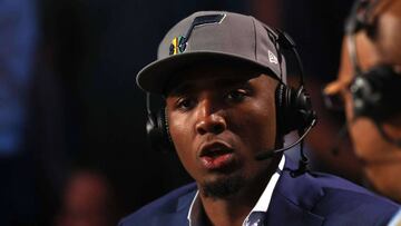 NEW YORK, NY - JUNE 21: Donovan Mitchell of the Utah Jaxx speaks during the 2018 NBA Draft at the Barclays Center on June 21, 2018 in the Brooklyn borough of New York City. NOTE TO USER: User expressly acknowledges and agrees that, by downloading and or using this photograph, User is consenting to the terms and conditions of the Getty Images License Agreement.   Mike Stobe/Getty Images/AFP
 == FOR NEWSPAPERS, INTERNET, TELCOS &amp; TELEVISION USE ONLY ==