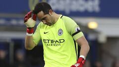 Manchester City goalkeeper Claudio Bravo gestures at half-time  during the English Premier League soccer match between Everton and Manchester City at Goodison Park, in Liverpool, England, Sunday Jan. 15, 2017. (Peter Byrne/PA via AP)