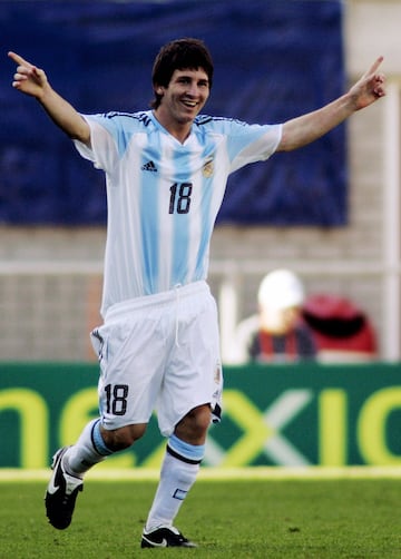 Argentina's Lionel Messi celebrates after scoring his team's first goal against Colombia in the round 16 of the FIFA World Youth Championship match at Emmen Stadium, the Netherlands, June 22, 2005.