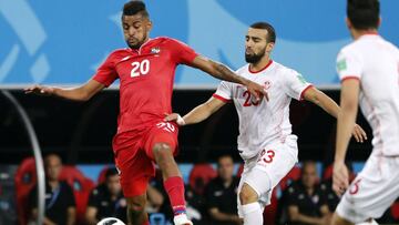 Saransk (Russian Federation), 28/06/2018.- Anibal Godoy of Panama (L) and Naim Sliti of Tunisia in action during the FIFA World Cup 2018 group G preliminary round soccer match between Panama and Tunisia in Saransk, Russia, 28 June 2018.
 
 (RESTRICTIONS A