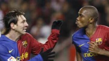 <b>PASO FIRME.</b> El Barcelona continúa con paso firme y derrotó al Sevilla gracias a los goles de Eto'o y Messi en dos ocasiones.