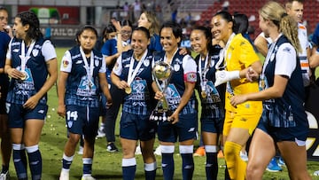 Charlyn Corral, Monica Ocampo, Karla Nieto, Esthefanny Barreras of Pachuca during the Champion of Champions match between Monterrey and Pachuca as part of the Liga BBVA MX Femenil, Champions of Apertura 2024 and Clausura 2025 at Toyota Field Stadium, on July 16, 2025 in San Antonio, Texas, United States.