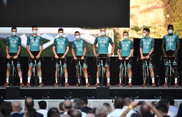 Team Vital Concept Cycling Club riders attend the teams' presentation two days before the start of the 1st stage of the 107th edition of the Tour de France cycling race, in Nice on August 27, 2020. (Photo by Anne-Christine POUJOULAT / AFP)