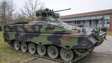 An infantry fighting vehicle type Marder of the German Army (Bundeswehr) is pictured at the Armoured Corps Training Centre (Panzertruppenschule) on the sidelines of the visit of the German Defence Minister in Munster, northern Germany, on February 20, 2023. - Soldiers from Ukraine are currently being trained on the Leopard 2A6 tank and the Marder fighting vehicle in the tank troop training centre. (Photo by FOCKE STRANGMANN / AFP) (Photo by FOCKE STRANGMANN/AFP via Getty Images)