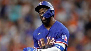 HOUSTON, TEXAS - OCTOBER 23: Adolis Garcia #53 of the Texas Rangers celebrates after hitting a solo home run against Hunter Brown #58 of the Houston Astros during the third inning in Game Seven of the American League Championship Series at Minute Maid Park on October 23, 2023 in Houston, Texas.   Carmen Mandato/Getty Images/AFP (Photo by Carmen Mandato / GETTY IMAGES NORTH AMERICA / Getty Images via AFP)