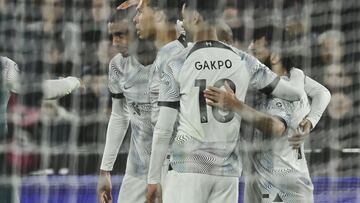 Liverpool's German-born Cameroonian defender Joel Matip (L) celebrates after scoring his tean second goal during the English Premier League football match between West Ham United and Liverpool at the London Stadium, in London on April 26, 2023. (Photo by Ben Stansall / AFP) / RESTRICTED TO EDITORIAL USE. No use with unauthorized audio, video, data, fixture lists, club/league logos or 'live' services. Online in-match use limited to 120 images. An additional 40 images may be used in extra time. No video emulation. Social media in-match use limited to 120 images. An additional 40 images may be used in extra time. No use in betting publications, games or single club/league/player publications. /