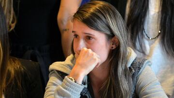 Colombian footballer Daniela Montoya reacts during a press conference of the Colombian women's national football team in Bogota, Colombia, on March 07, 2019. - Gonzalez Puche and players of the Colombian women national football team denounced wrongdoings in the squad. (Photo by Diana Sanchez / AFP)