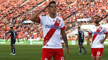 Futbol, Universidad de Chile vs Curico Unido.  Novena fecha Campeonato nacional 2019  El jugador de Curico Unido Mauro Quiroga, celebra su gol contra Universidad de Chile durante el partido por primera division en el estadio Nacional.  Santiago de Chile.  21/04/2019  Marcelo Hernandez/Photosport    Football, Universidad de Chile vs Curico Unido.  9 th date of National Championchip 2019  Curico Unido's player Mauro Quiroga, celebrates his goal against Universidad de Chile during first division football match at Nacional stadium.  Santiago, Chile.  21/04/2019  Marcelo Hernandez/Photosport