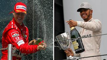 Michael Schumacher, en su &eacute;poca de Ferrari, y Lewis Hamilton, de Mercedes.